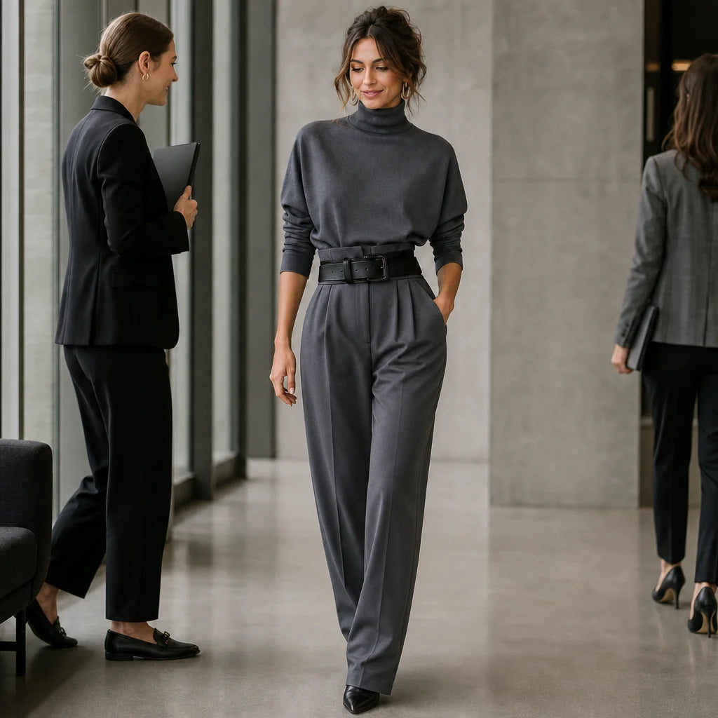 Women's Turtleneck Pants Set with High-Waist Belted Trousers - Office Walking Pose