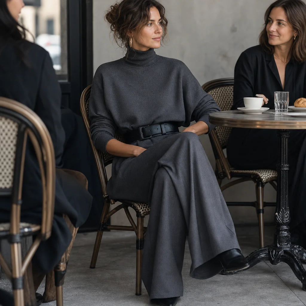 Women's Turtleneck Pants Set with High-Waist Belted Trousers - Seated Cafe Crossed Legs