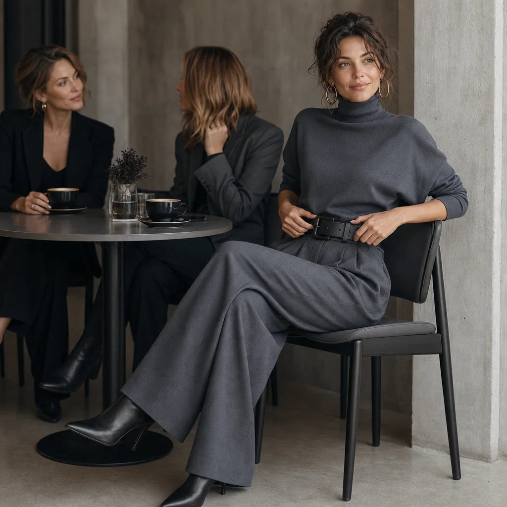 Women's Turtleneck Pants Set with High-Waist Belted Trousers - Seated Group Cafe