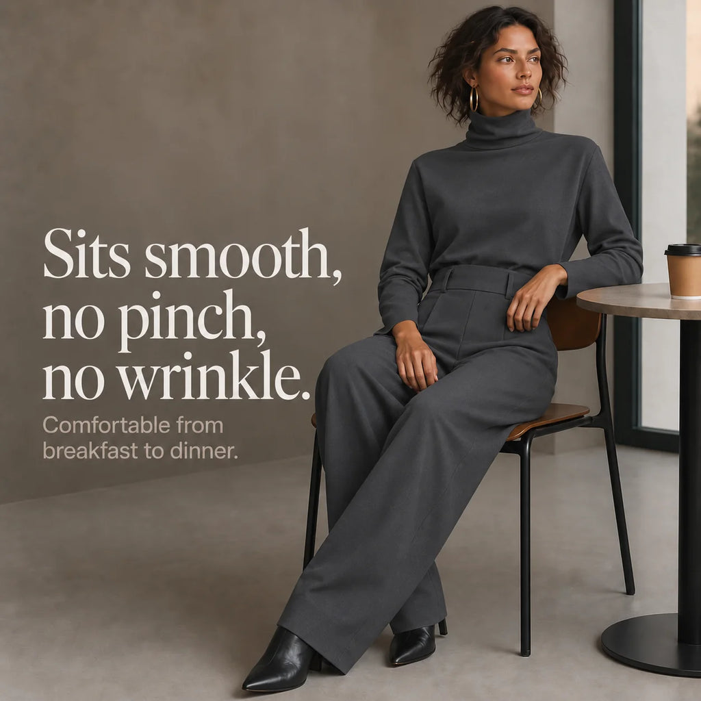 Women's Turtleneck Pants Set with High-Waist Belted Trousers - Seated Side Text