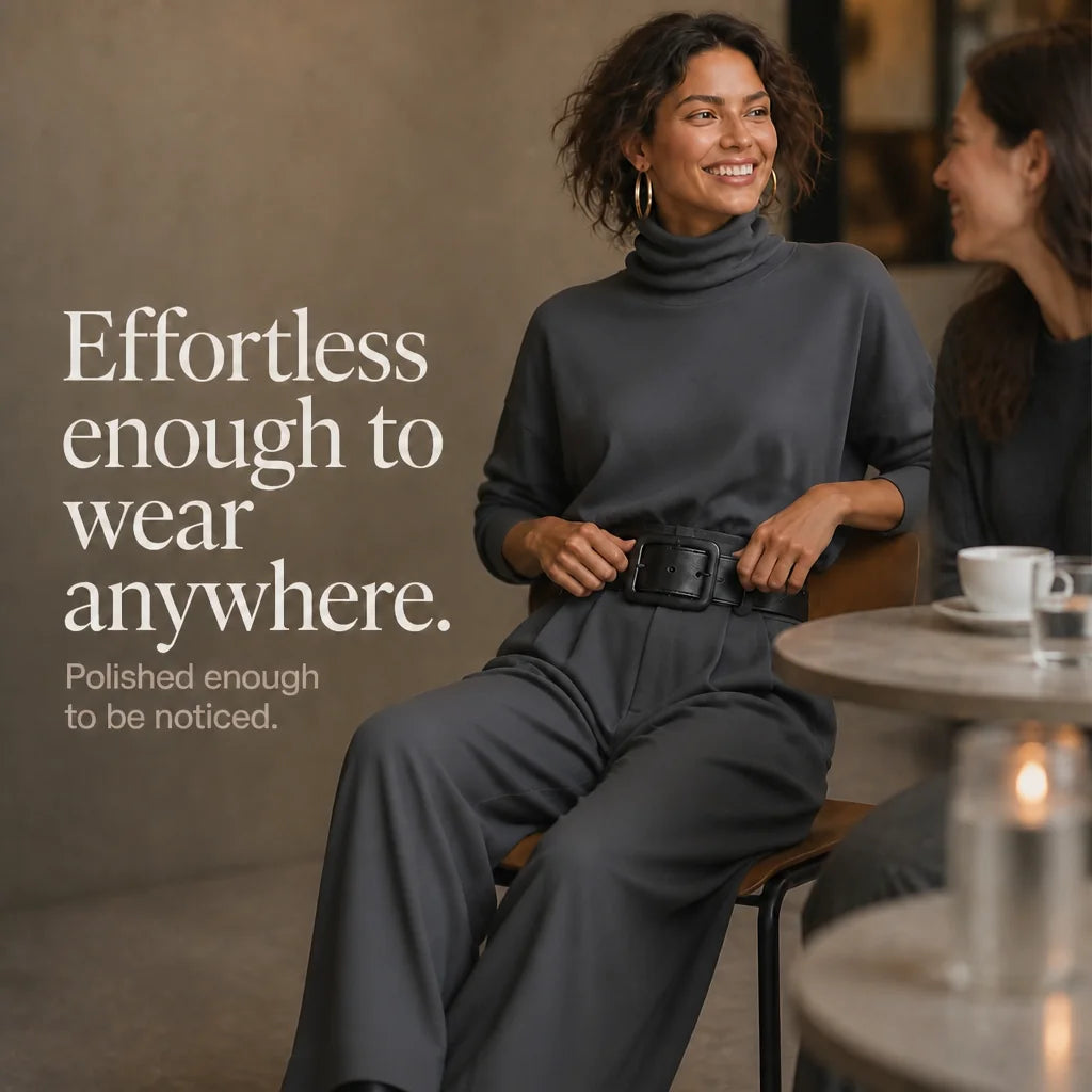 Women's Turtleneck Pants Set with High-Waist Belted Trousers - Seated Smiling Text