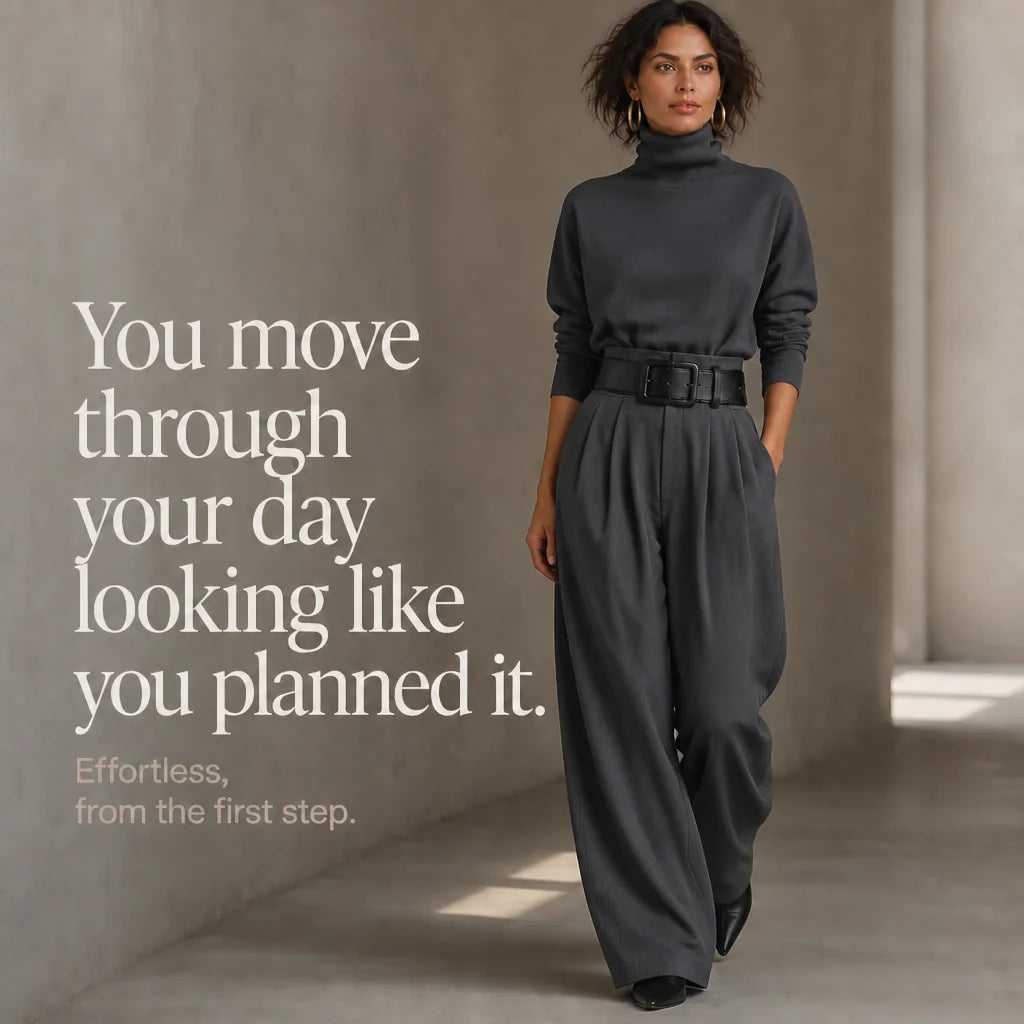 Women's Turtleneck Pants Set with High-Waist Belted Trousers - Walking Hallway Text