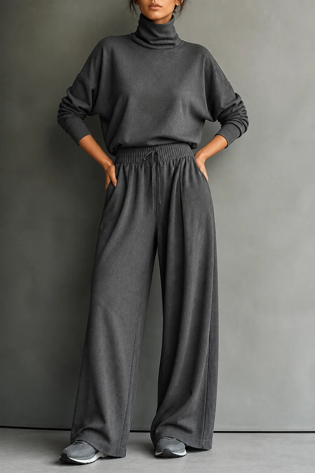 Women's Turtleneck Pants Set with Relaxed Wide-Leg Fit