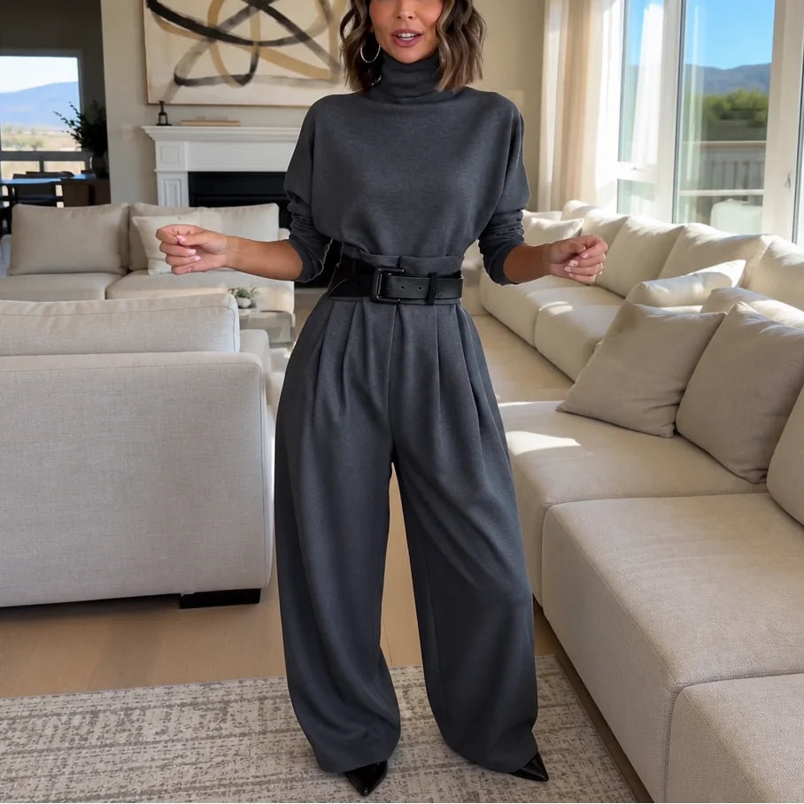 Women's Turtleneck Pants Set with High-Waist Belted Trousers