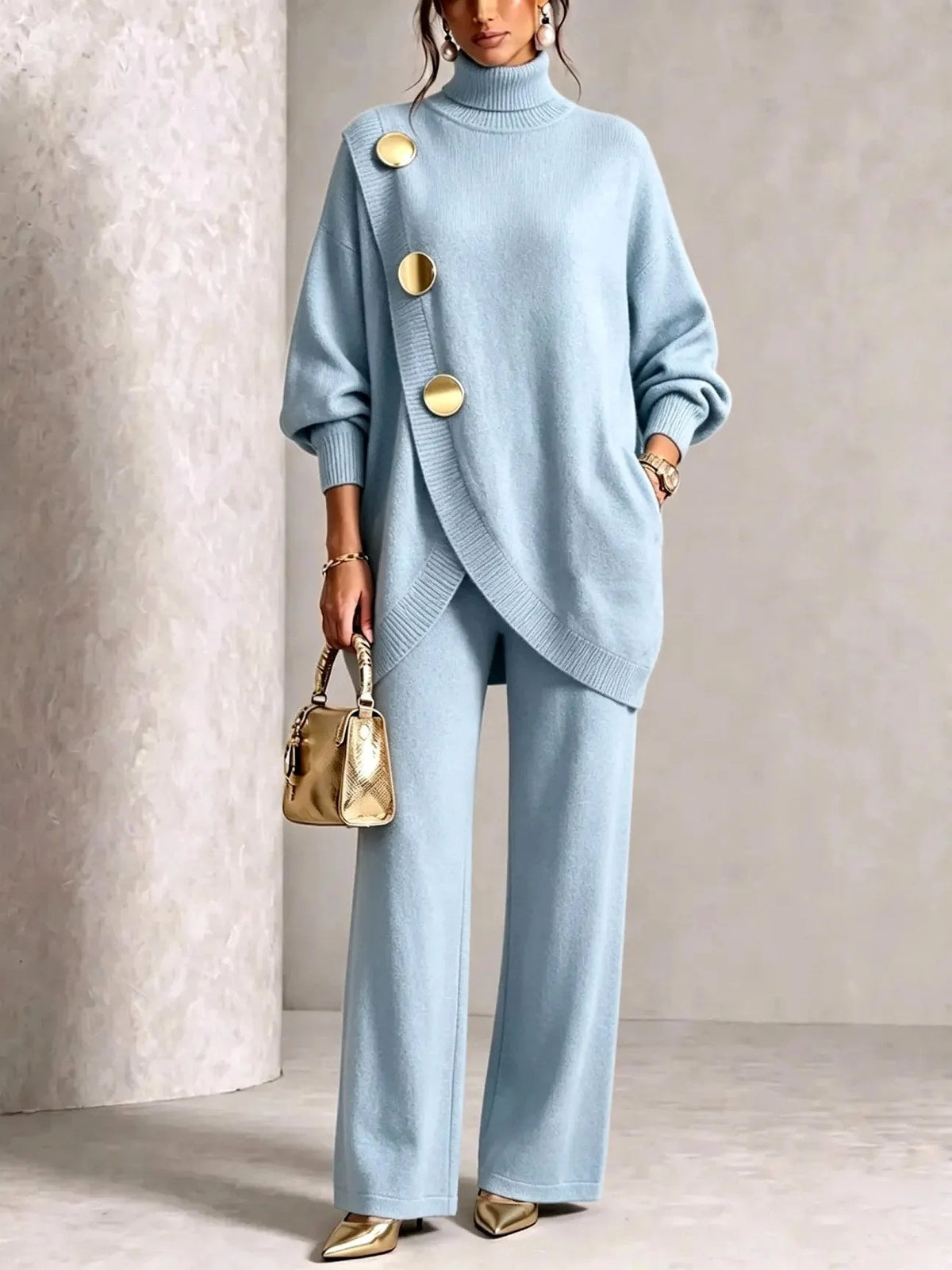 Light Blue Women's Turtleneck Pants Set with Asymmetric Button-Front & Wide-Leg Trousers