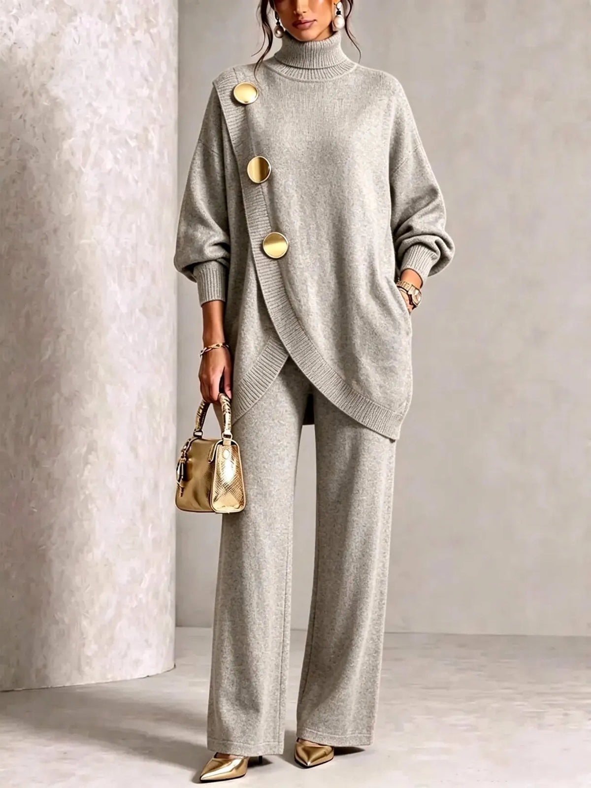 Light Gray Women's Turtleneck Pants Set with Asymmetric Button-Front & Wide-Leg Trousers