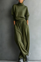 Olive Green Women's Turtleneck Pants Set with Relaxed Wide-Leg Fit