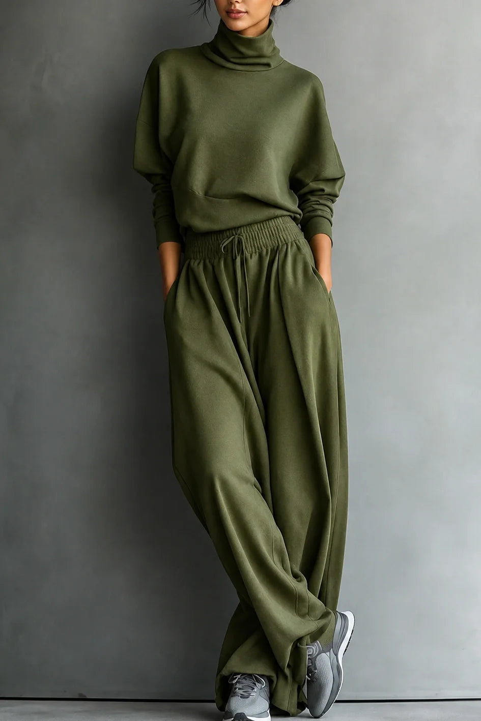 Olive Green Women's Turtleneck Pants Set with Relaxed Wide-Leg Fit