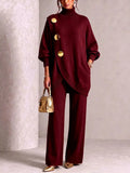 Red Women's Turtleneck Pants Set with Asymmetric Button-Front & Wide-Leg Trousers