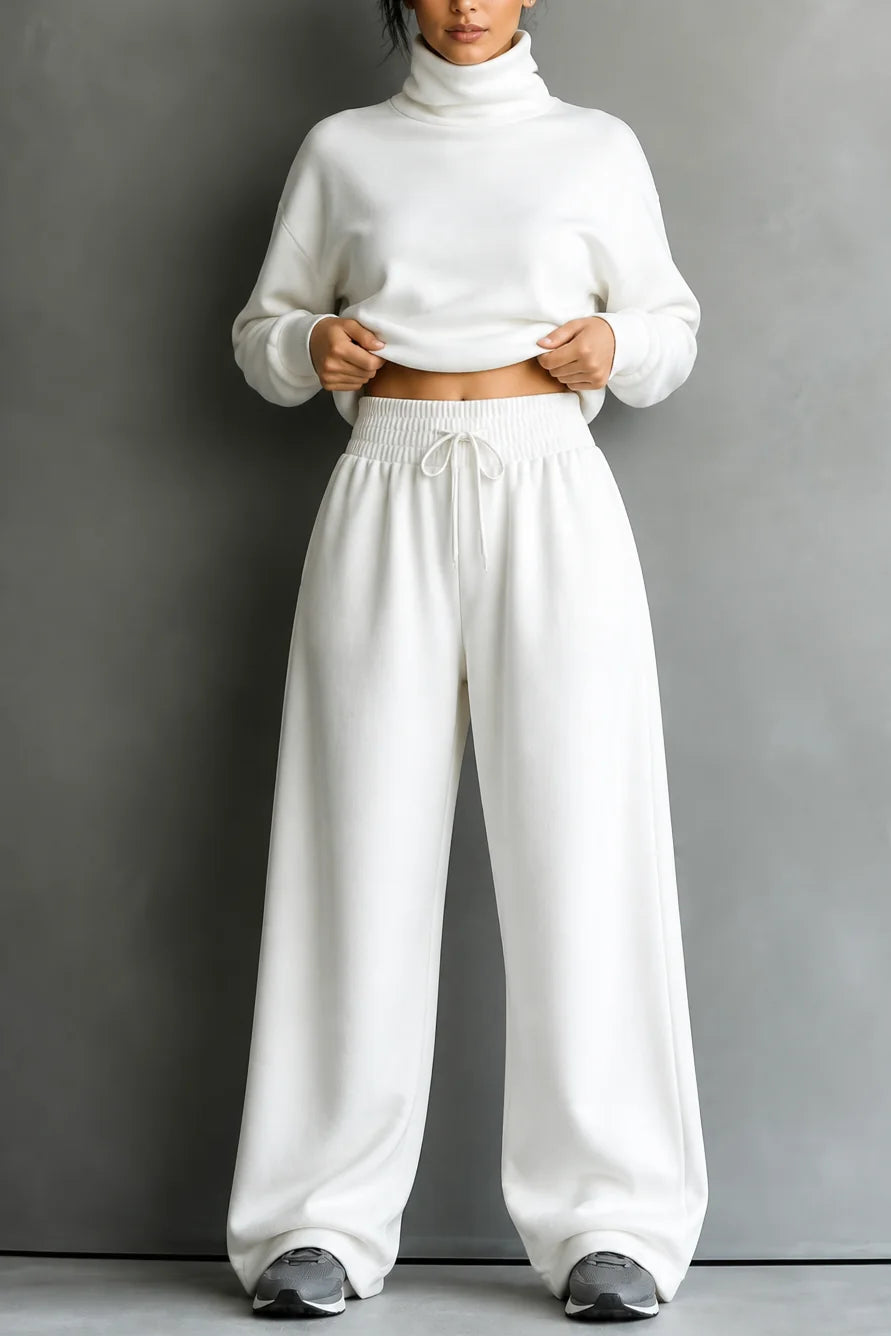 White Women's Turtleneck Pants Set with Relaxed Wide-Leg Fit