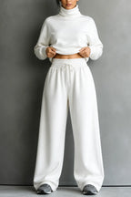 White Women's Turtleneck Pants Set with Relaxed Wide-Leg Fit