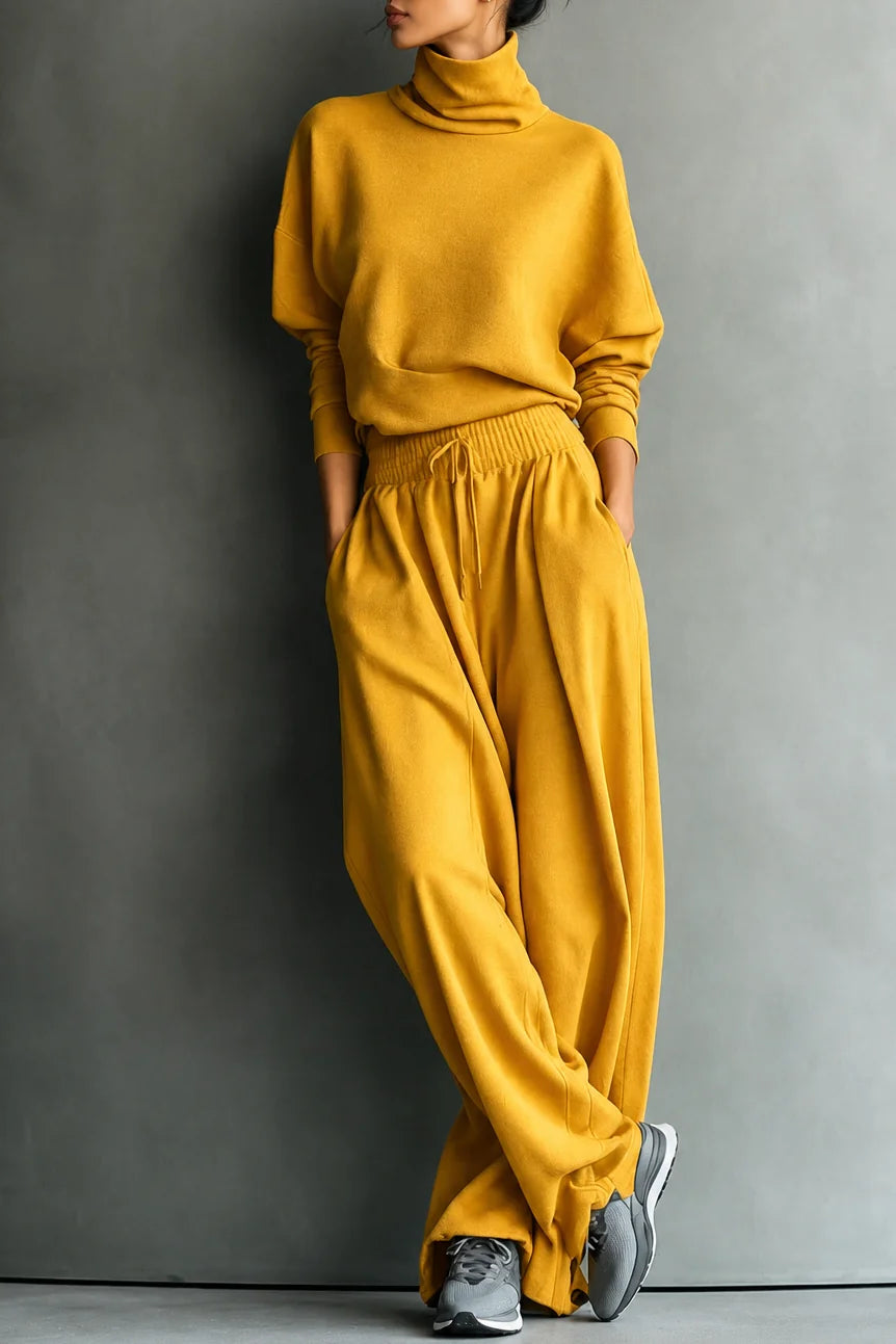 Yellow Women's Turtleneck Pants Set with Relaxed Wide-Leg Fit