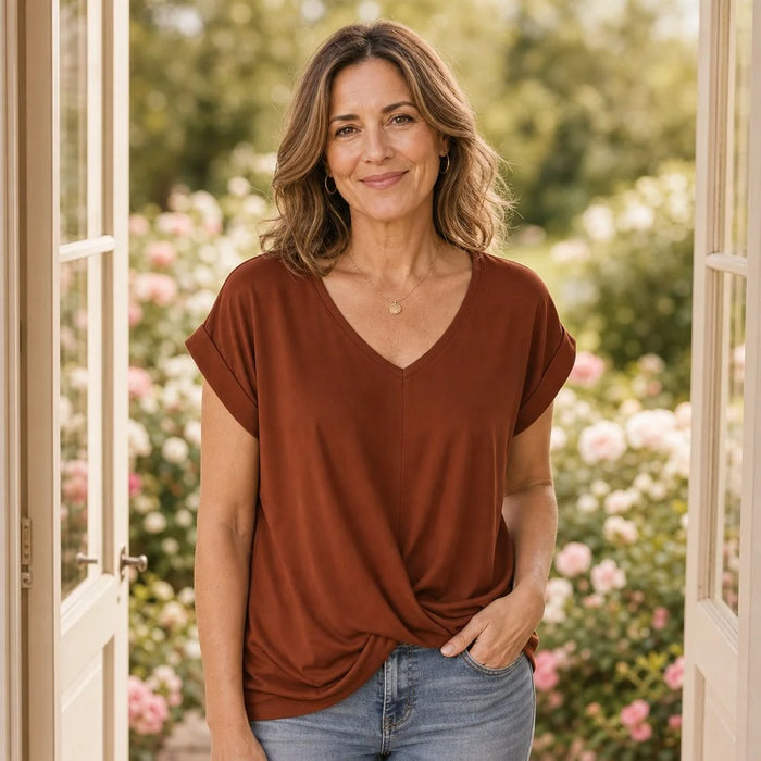 Rust Women's Rust V-Neck Summer Blouse — Thea Twist-Front Relaxed - Front Full
