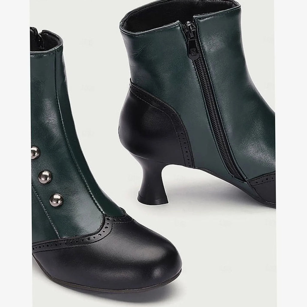Women's Two-Tone Vintage Ankle Boots with Buttoned Spool Heel - Close Up Heel