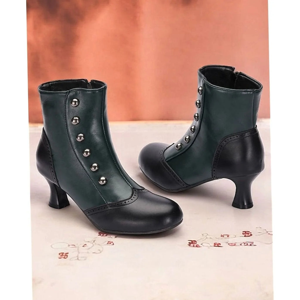 Women's Two-Tone Vintage Ankle Boots with Buttoned Spool Heel - Studio White