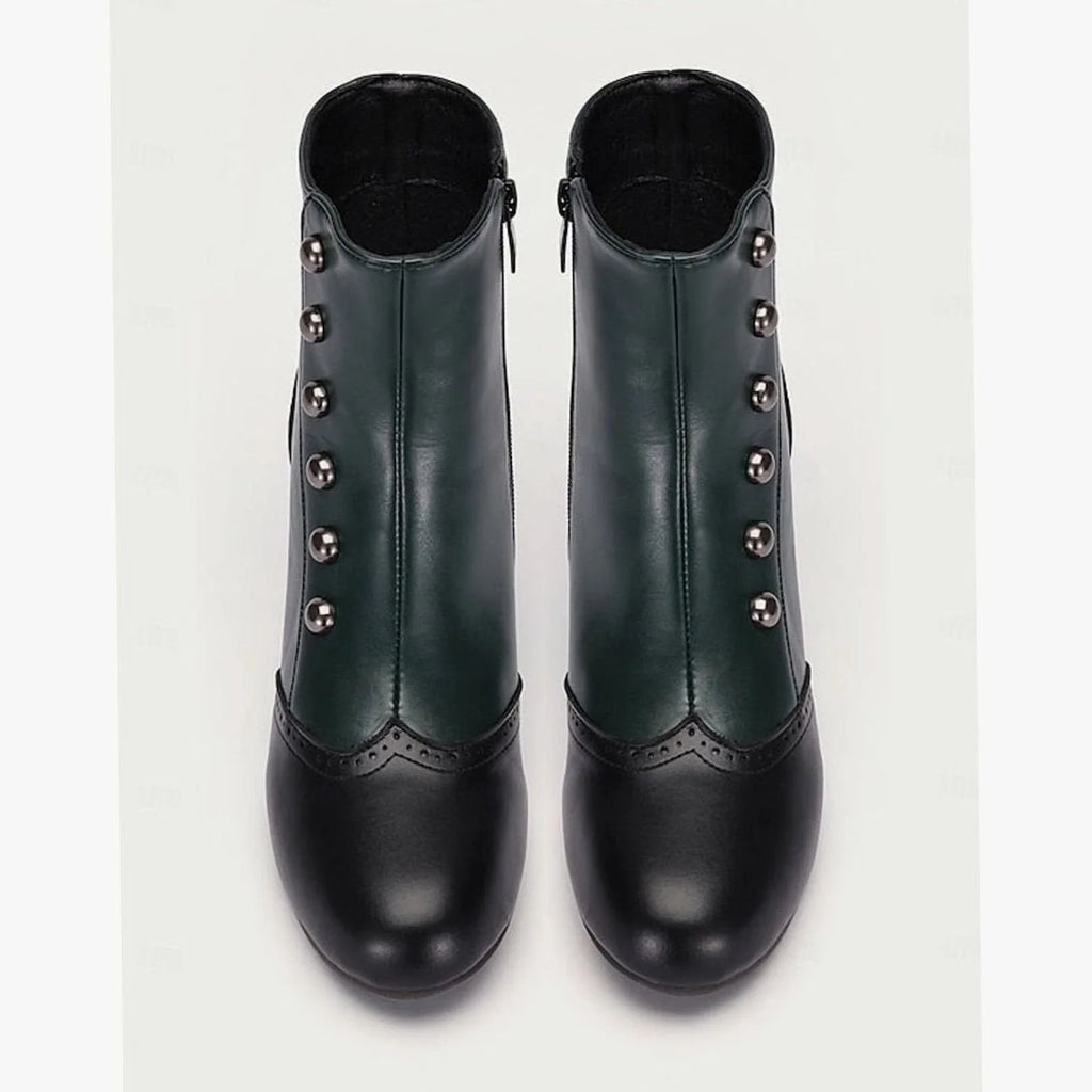 Women's Two-Tone Vintage Ankle Boots with Buttoned Spool Heel - Top Down