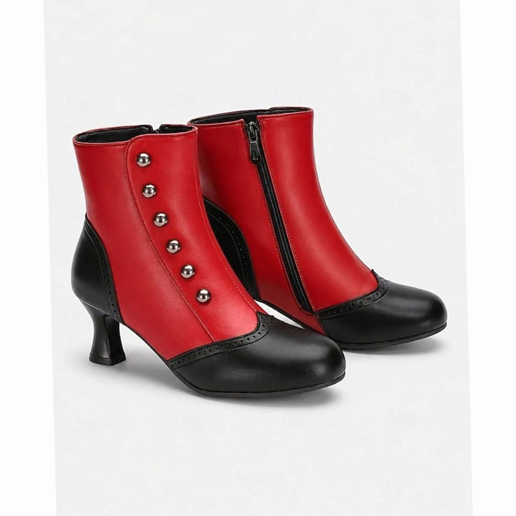 Black/Red Women's Two-Tone Vintage Ankle Boots with Buttoned Spool Heel - Flat Lay