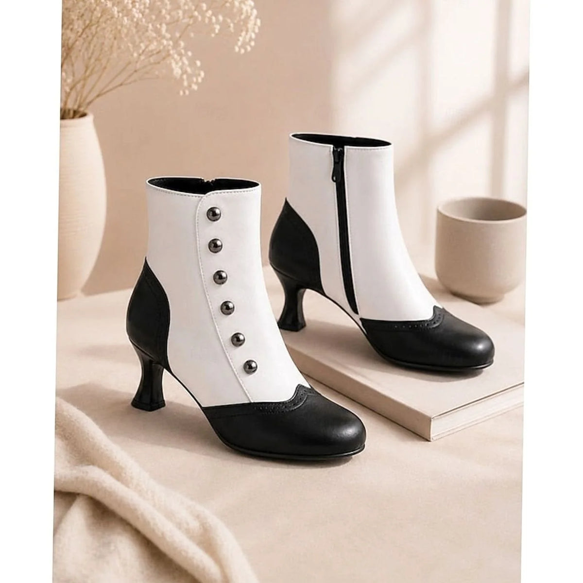 Black/White Women's Two-Tone Vintage Ankle Boots with Buttoned Spool Heel - Front Full