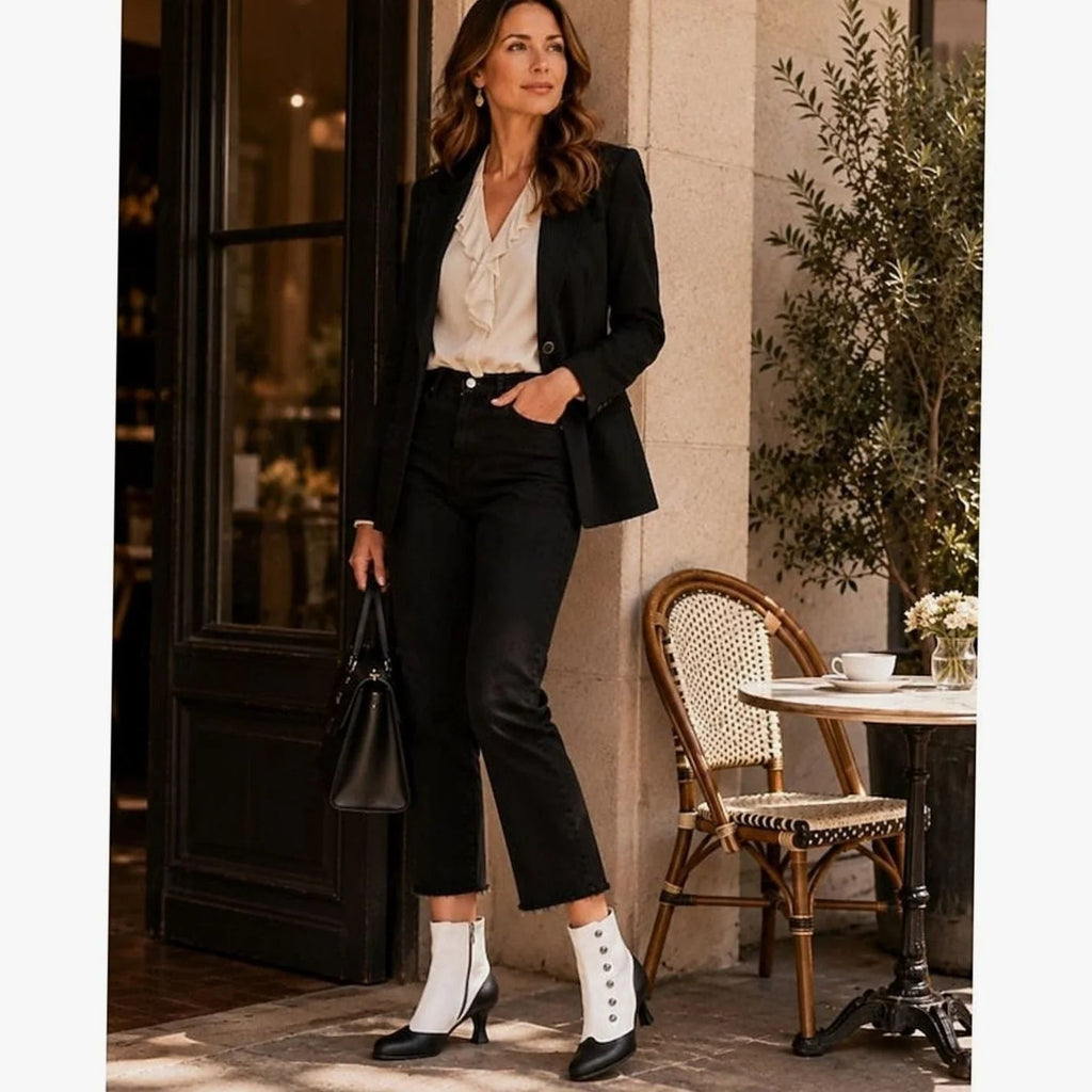 Women's Two-Tone Vintage Ankle Boots with Buttoned Spool Heel - Outdoor Pose