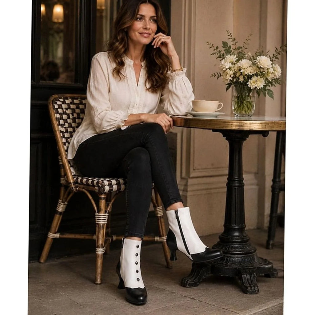 Women's Two-Tone Vintage Ankle Boots with Buttoned Spool Heel - Seated Lifestyle