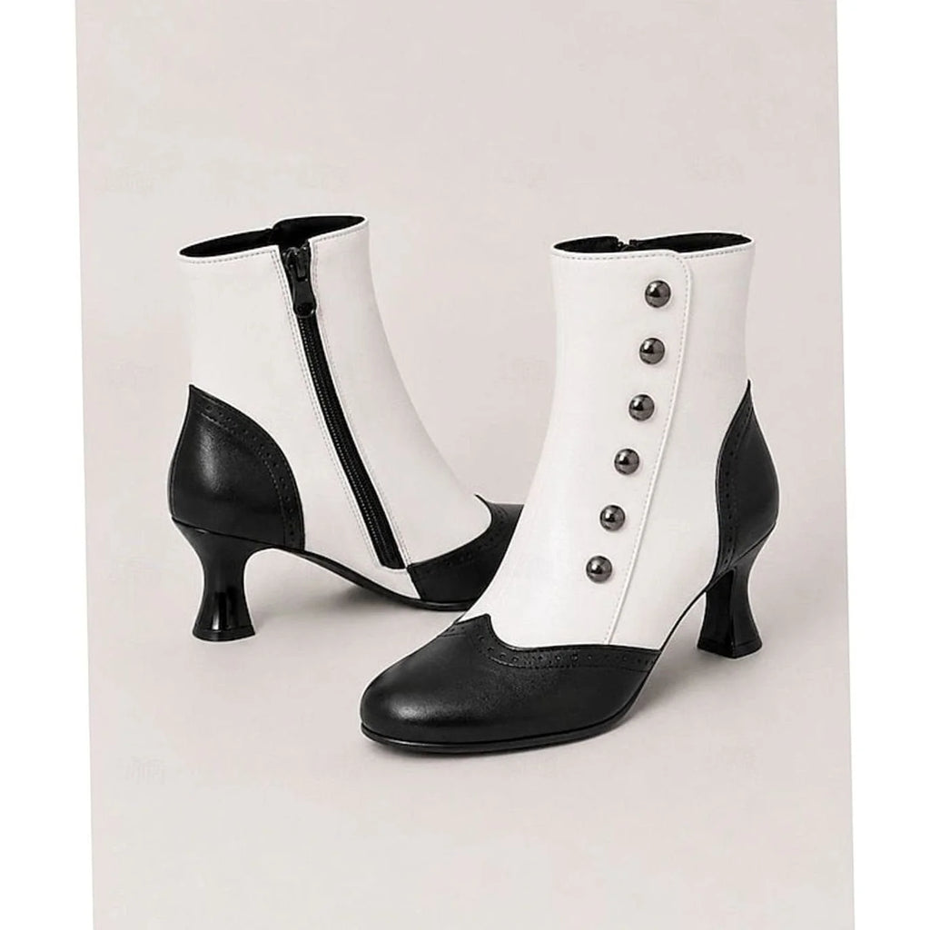 Women's Two-Tone Vintage Ankle Boots with Buttoned Spool Heel - Side Pose