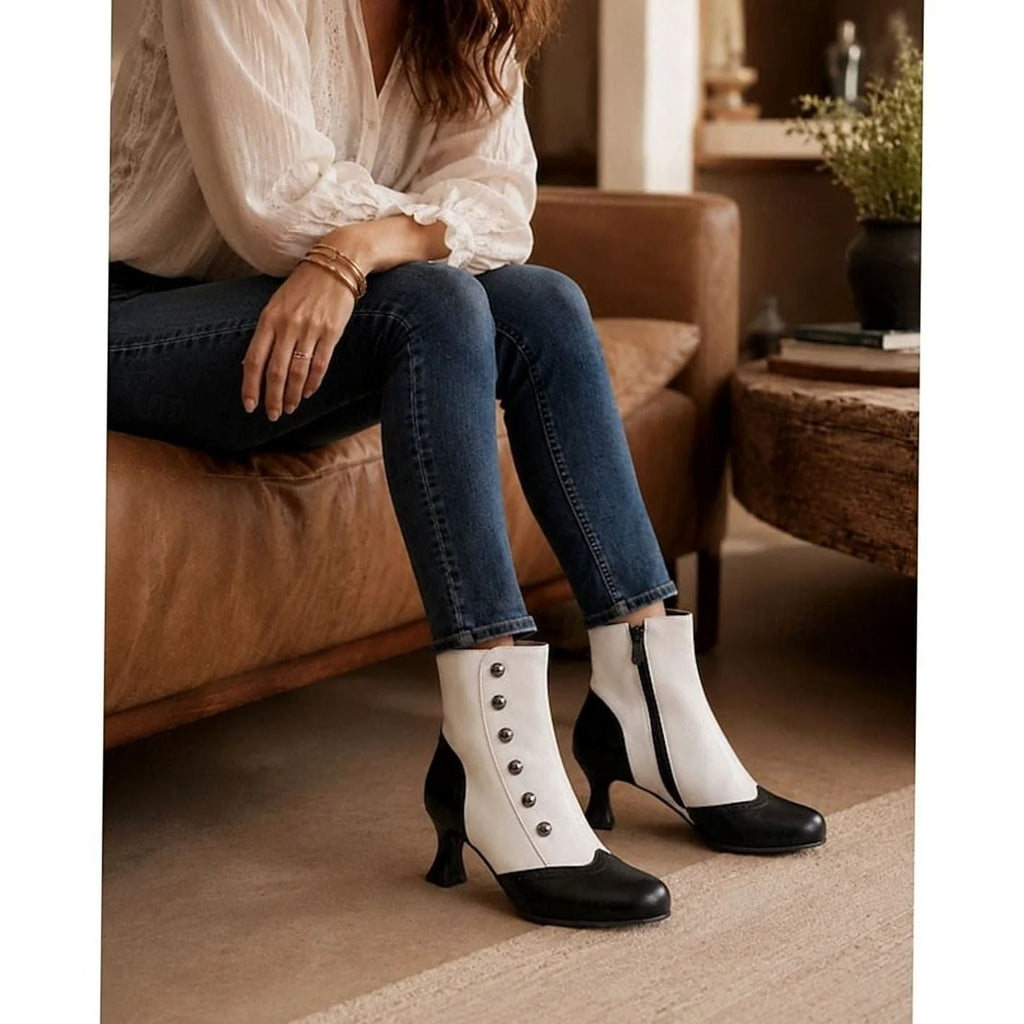 Women's Two-Tone Vintage Ankle Boots with Buttoned Spool Heel - Worn Lifestyle