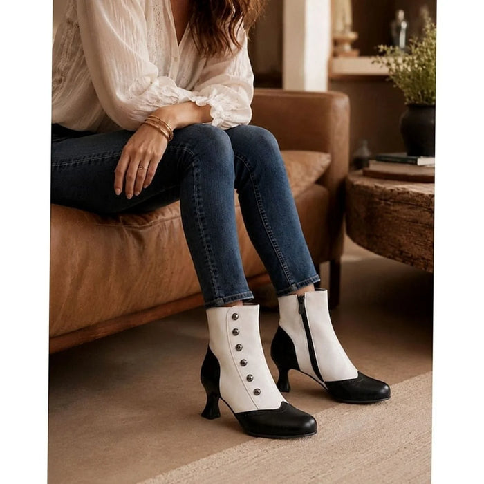 Women's Two-Tone Vintage Ankle Boots with Buttoned Spool Heel - Worn Lifestyle