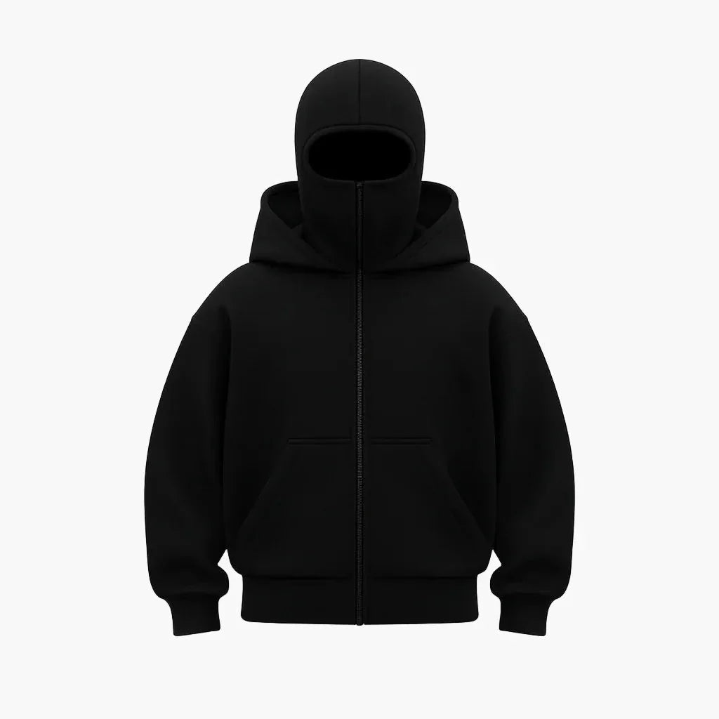 Unisex Streetwear Hoodie with Integrated Balaclava Hood & Full-Zip Design - Flat Lay Front