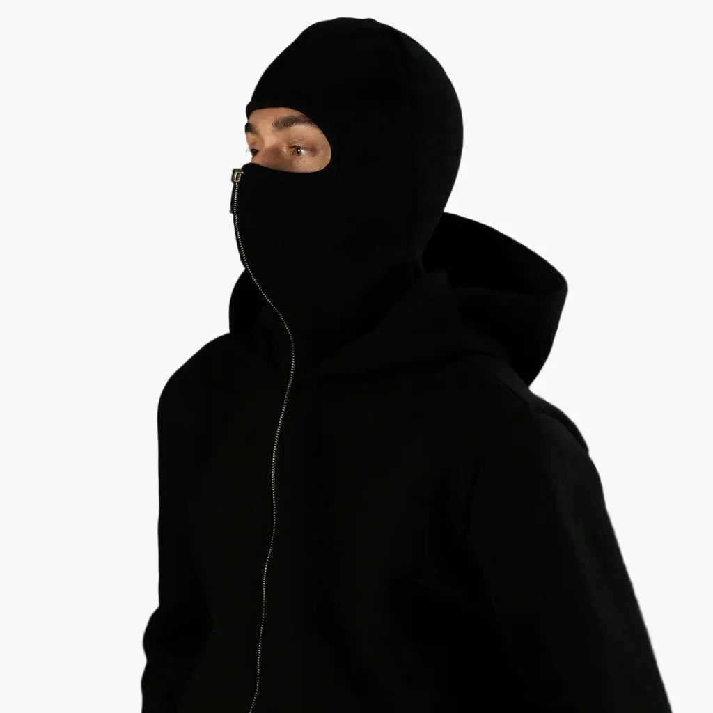 Unisex Streetwear Hoodie with Integrated Balaclava Hood & Full-Zip Design - Side Profile Worn