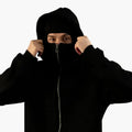 Black Unisex Streetwear Hoodie with Integrated Balaclava Hood & Full-Zip Design