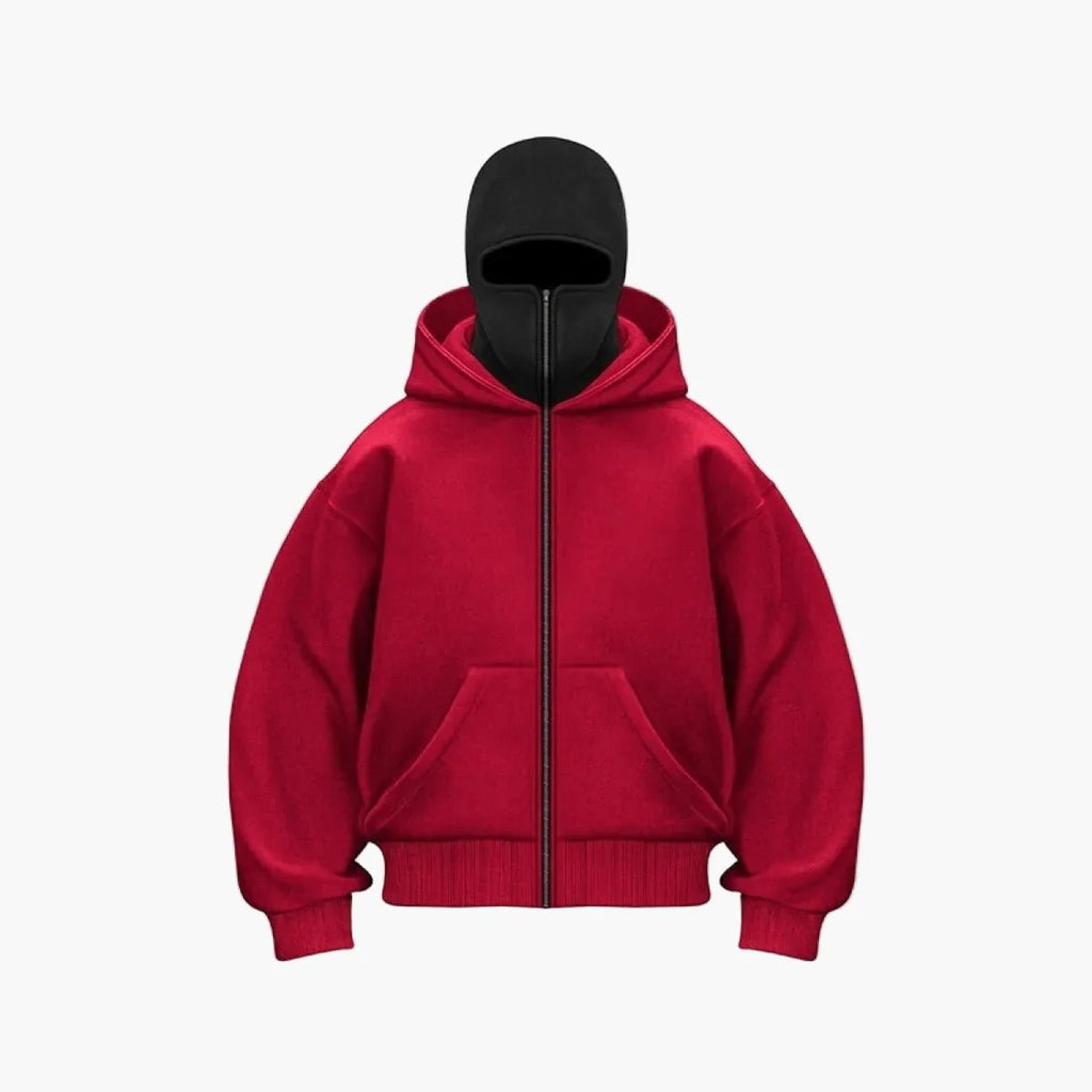 Burgundy Unisex Streetwear Hoodie with Integrated Balaclava Hood & Full-Zip Design - Flat Lay Front Red