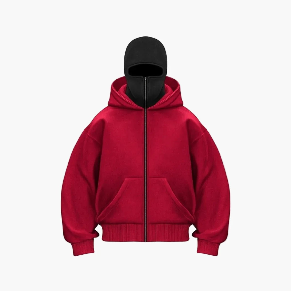 Burgundy Unisex Streetwear Hoodie with Integrated Balaclava Hood & Full-Zip Design - Flat Lay Front Red