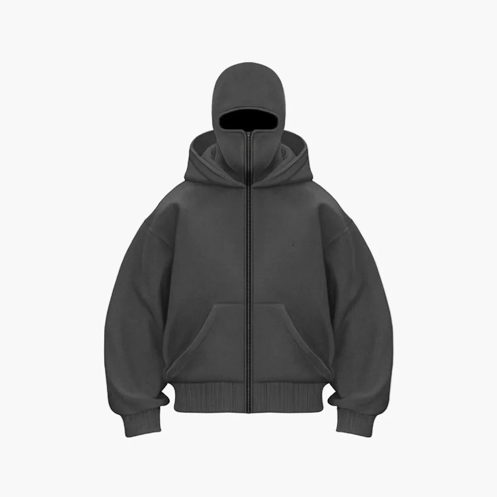 Unisex Streetwear Hoodie with Integrated Balaclava Hood & Full-Zip Design - Flat Lay Front