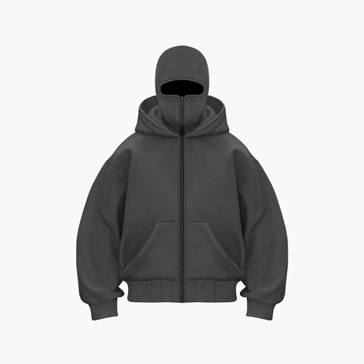 Unisex Streetwear Hoodie with Integrated Balaclava Hood & Full-Zip Design - Flat Lay Front