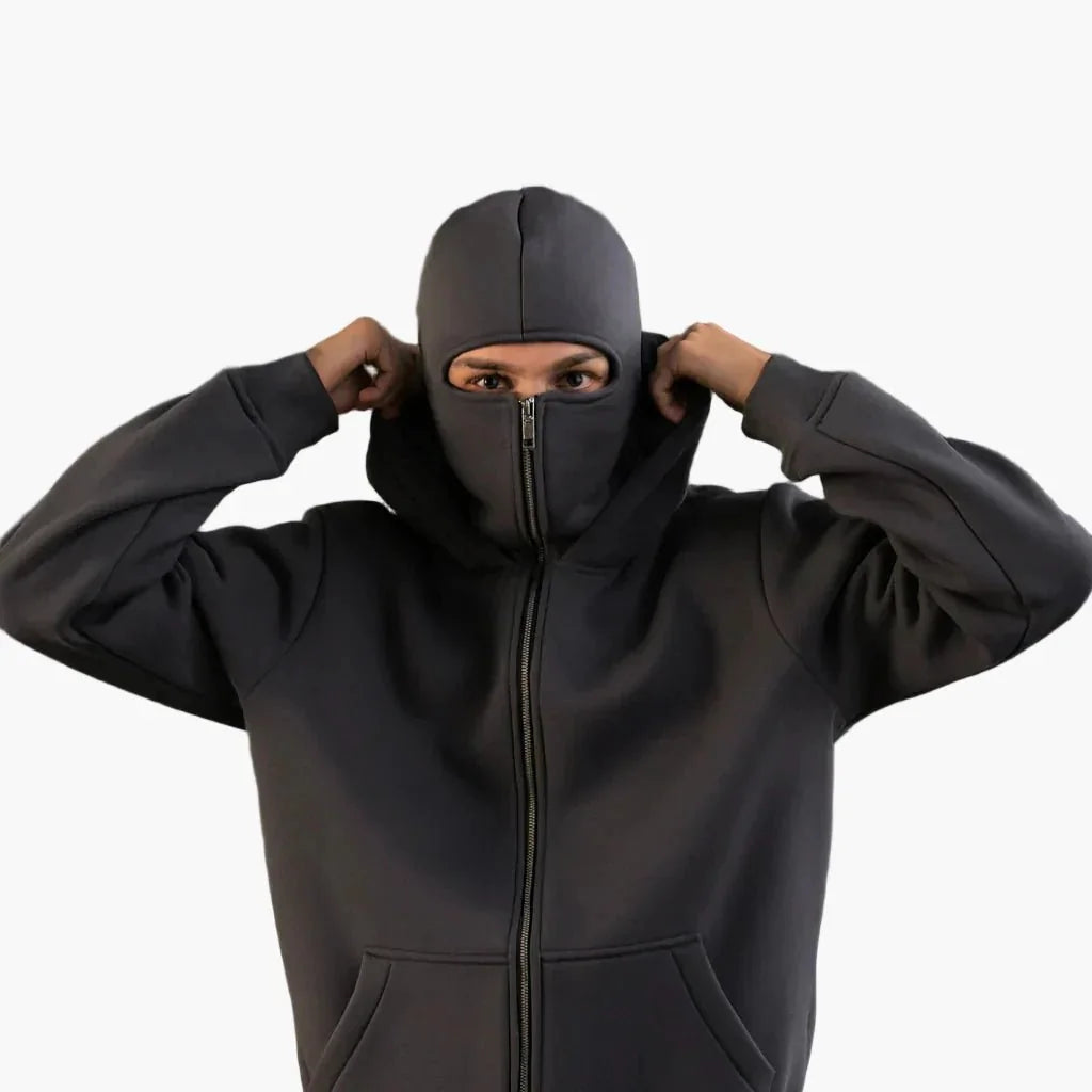 Dark Grey Unisex Streetwear Hoodie with Integrated Balaclava Hood & Full-Zip Design