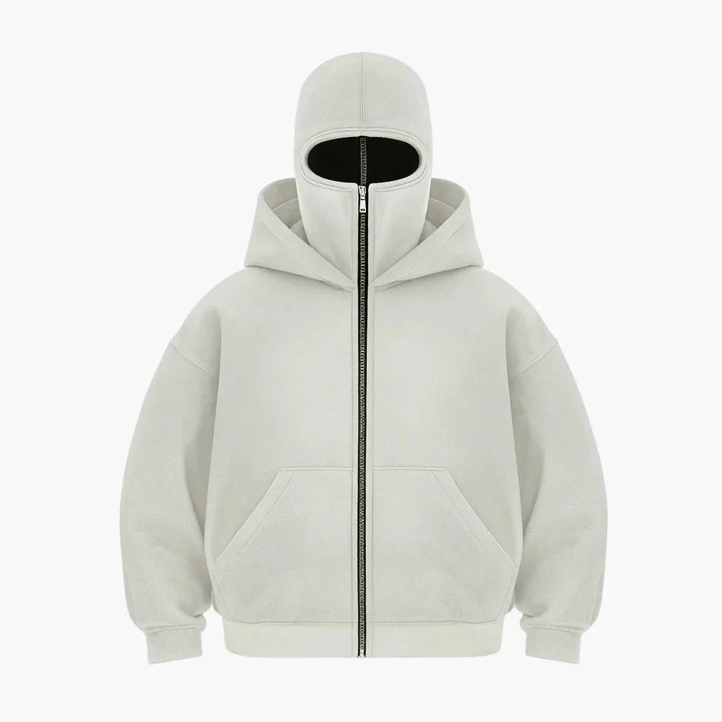Light Grey Unisex Streetwear Hoodie with Integrated Balaclava Hood & Full-Zip Design