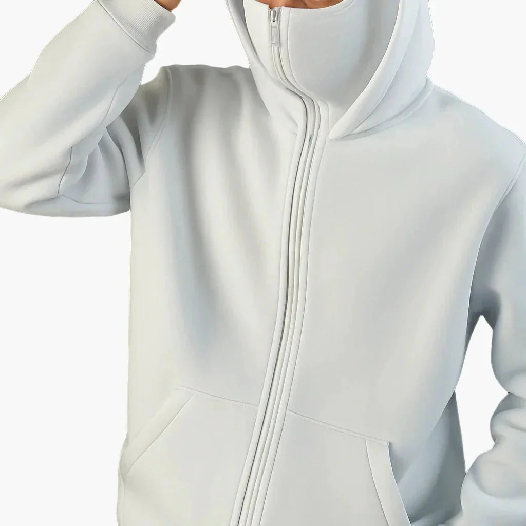 Unisex Streetwear Hoodie with Integrated Balaclava Hood & Full-Zip Design - Close Up Zip Detail