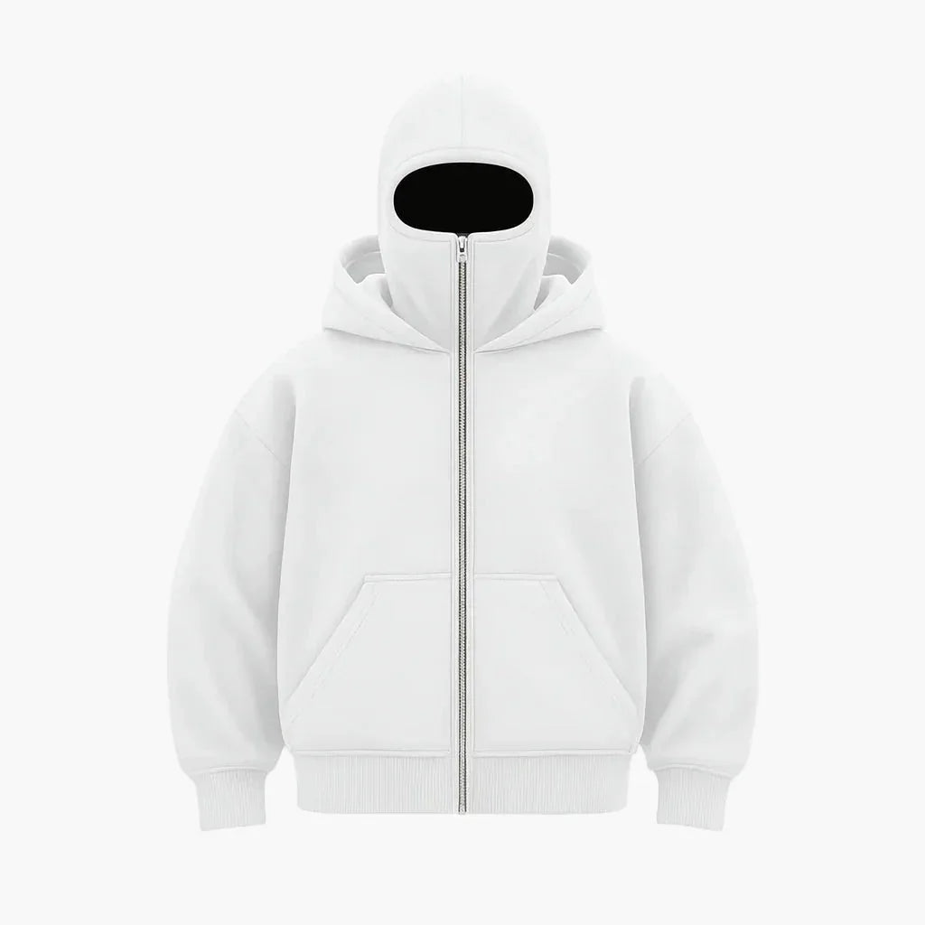 White Unisex Streetwear Hoodie with Integrated Balaclava Hood & Full-Zip Design - Flat Lay Front