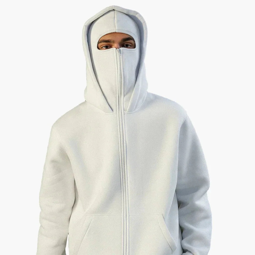 Unisex Streetwear Hoodie with Integrated Balaclava Hood & Full-Zip Design - Front Worn Hood Up