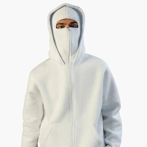 Unisex Streetwear Hoodie with Integrated Balaclava Hood & Full-Zip Design - Front Worn Hood Up