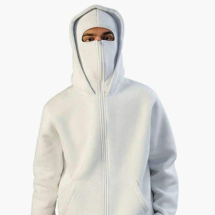 Unisex Streetwear Hoodie with Integrated Balaclava Hood & Full-Zip Design - Front Worn Hood Up