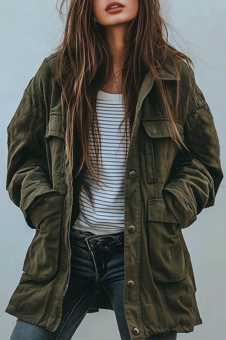 Green Women's Relaxed-Fit Utility Jacket with Zip-Front & Snap Pockets