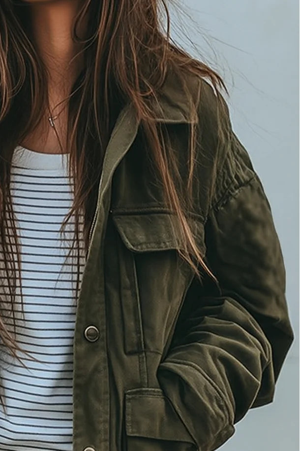 Military Green Women's Relaxed-Fit Utility Jacket with Zip-Front & Snap Pockets — Zoey - Close Up Collar