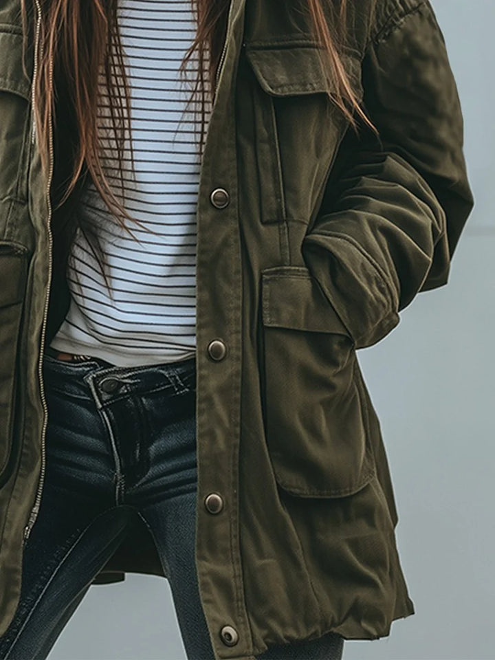 Military Green Women's Relaxed-Fit Utility Jacket with Zip-Front & Snap Pockets — Zoey - Side Torso Detail