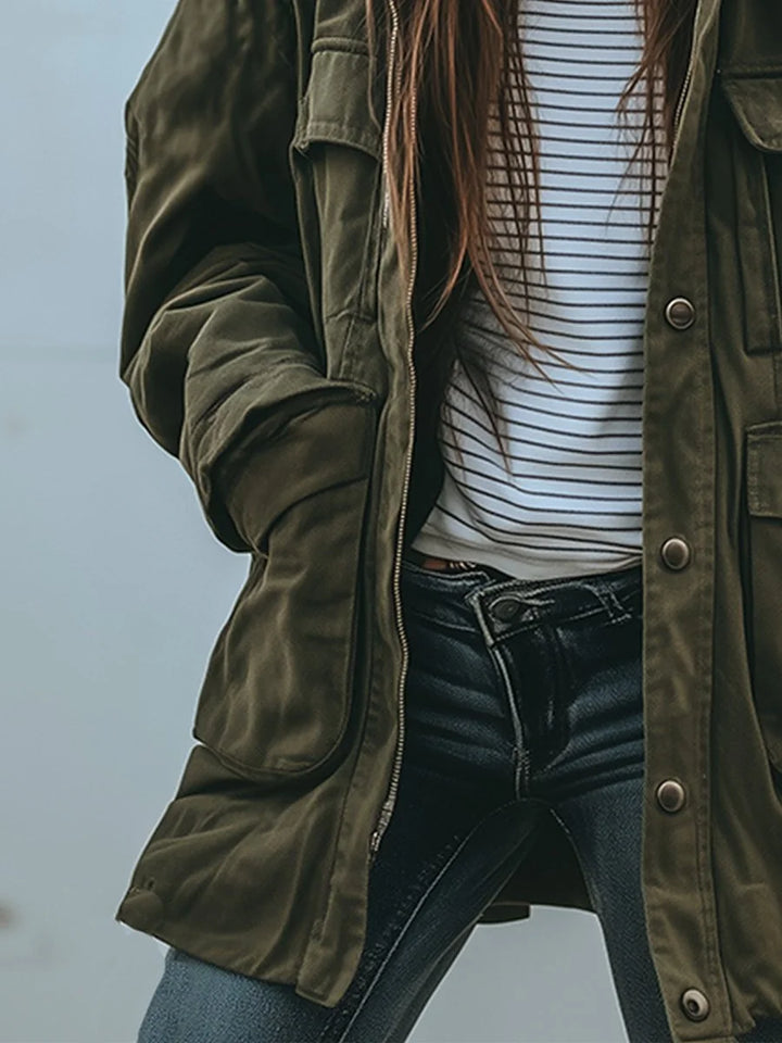 Military Green Women's Relaxed-Fit Utility Jacket with Zip-Front & Snap Pockets — Zoey - Walking Detail