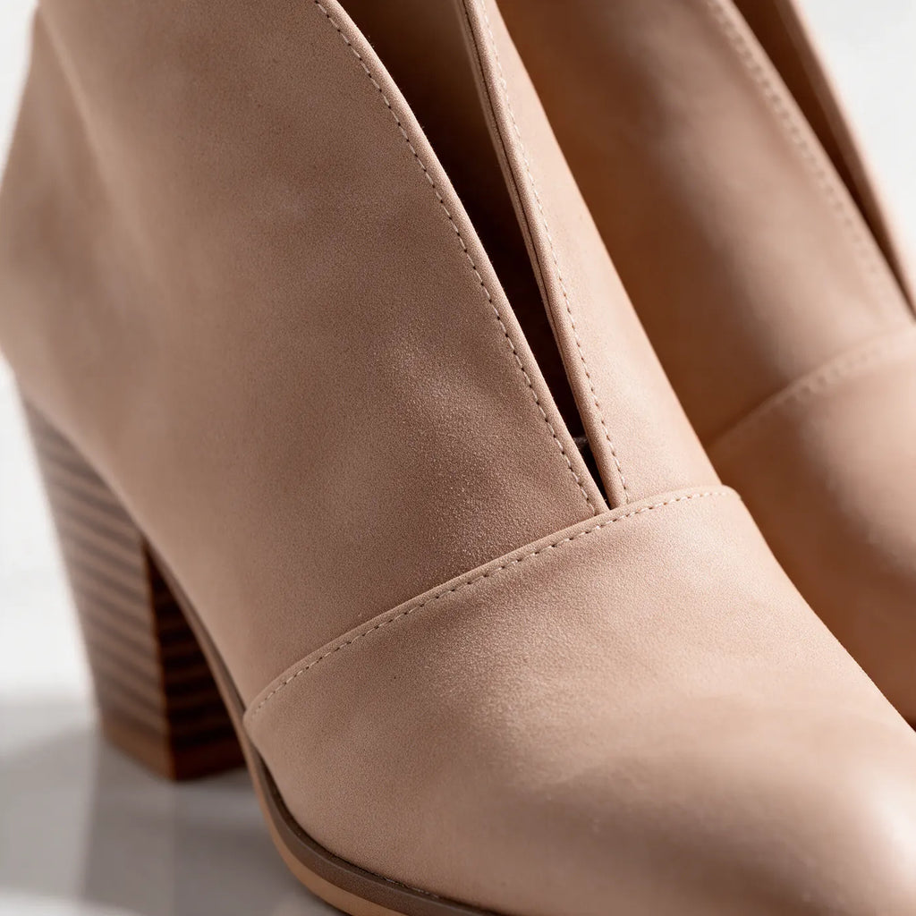 Women's V Cut Ankle Boots with Almond Toe & Stacked Block Heel - Close Up V Cut Detail