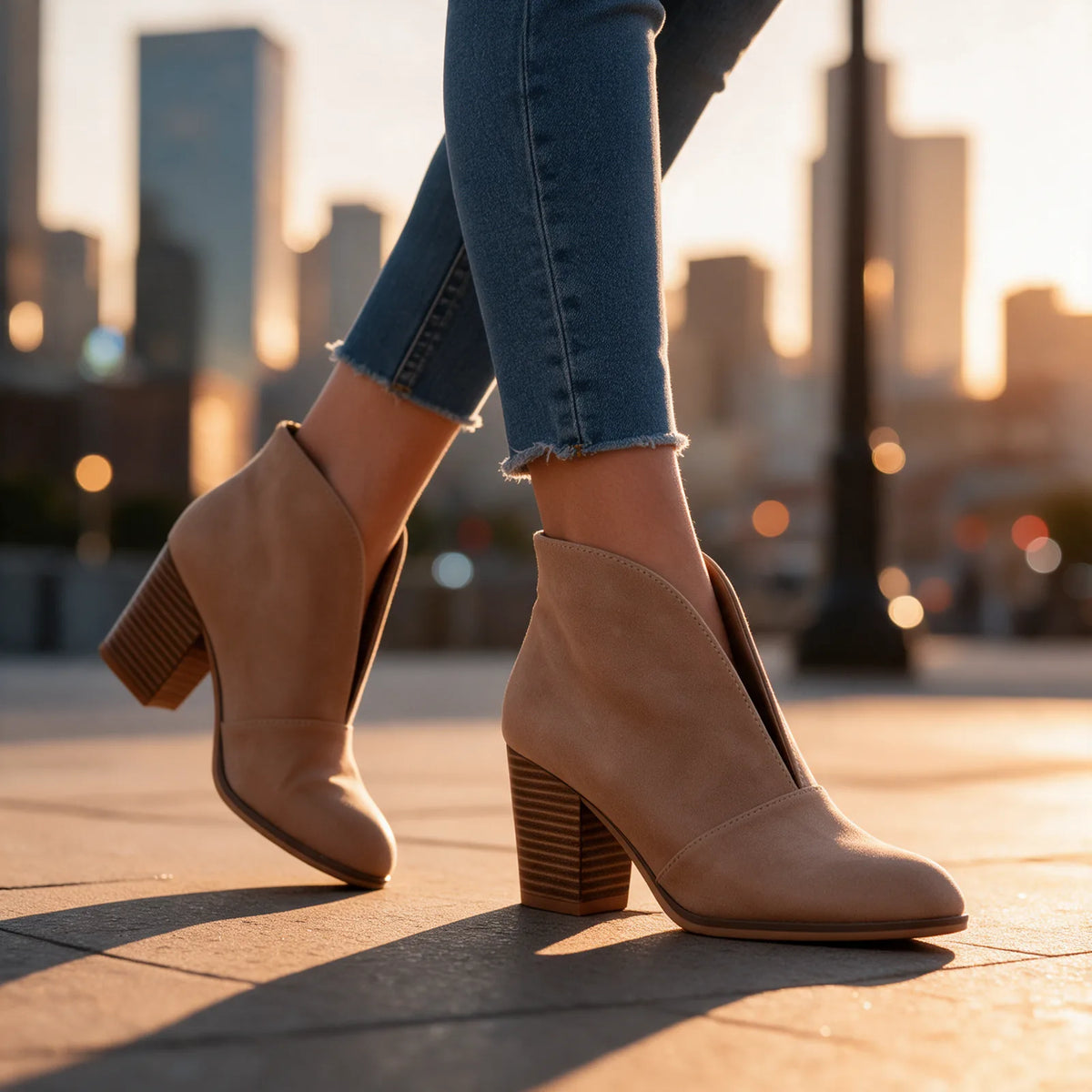 Women's V Cut Ankle Boots with Almond Toe & Stacked Block Heel - Model City Sunset