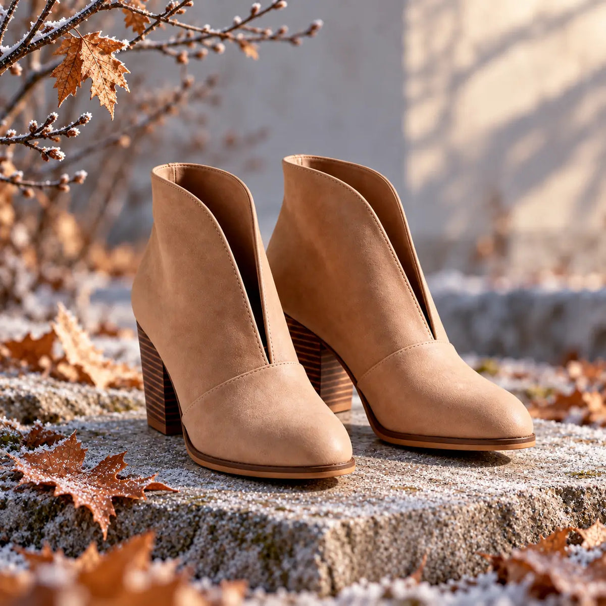 Women's V Cut Ankle Boots with Almond Toe & Stacked Block Heel - Outdoor Autumn Leaves