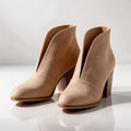 Beige Women's V Cut Ankle Boots with Almond Toe & Stacked Block Heel