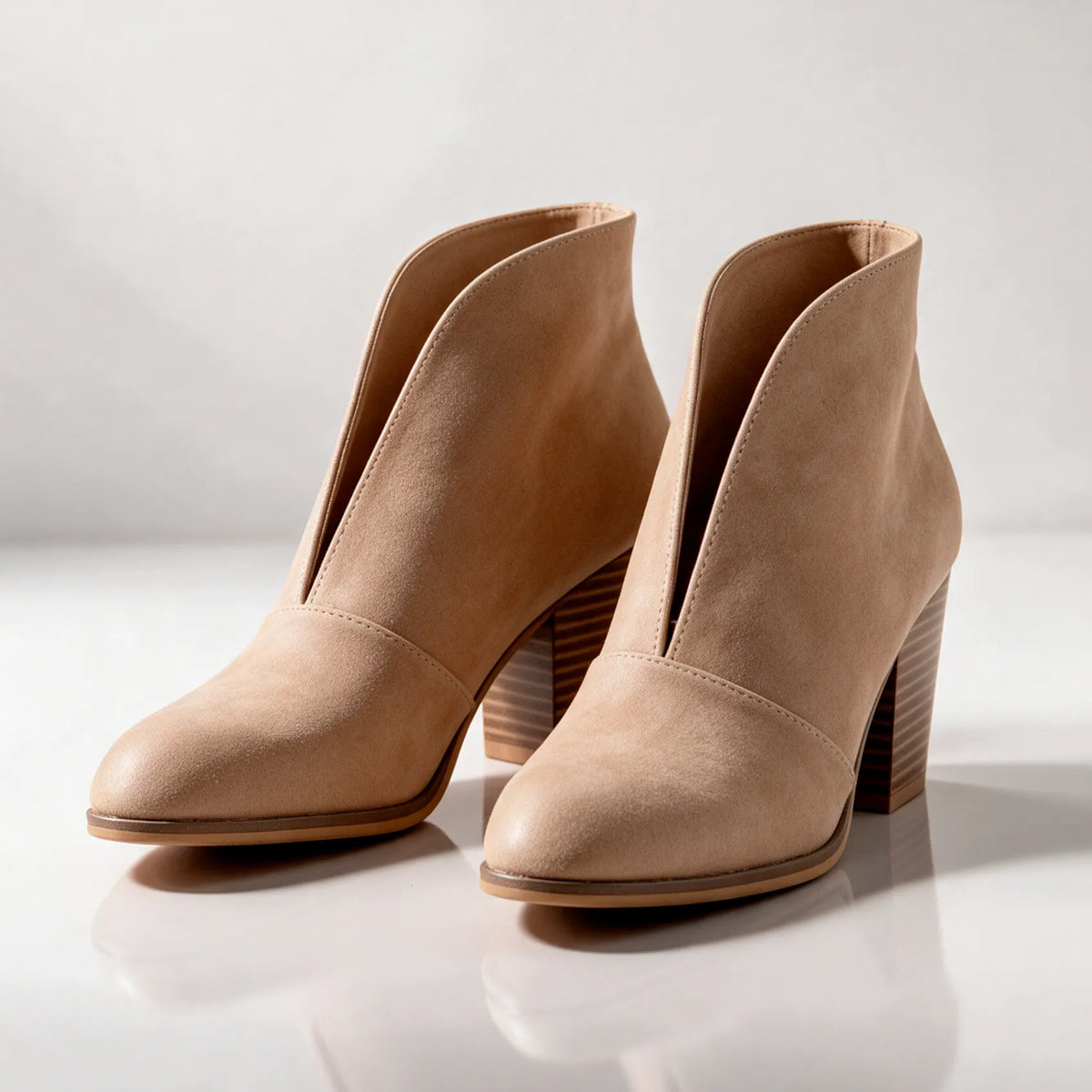 Beige Women's V Cut Ankle Boots with Almond Toe & Stacked Block Heel
